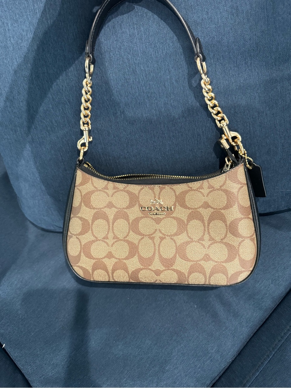 Coach Tan Signature Canvas Shoulder Bag with Black Trim